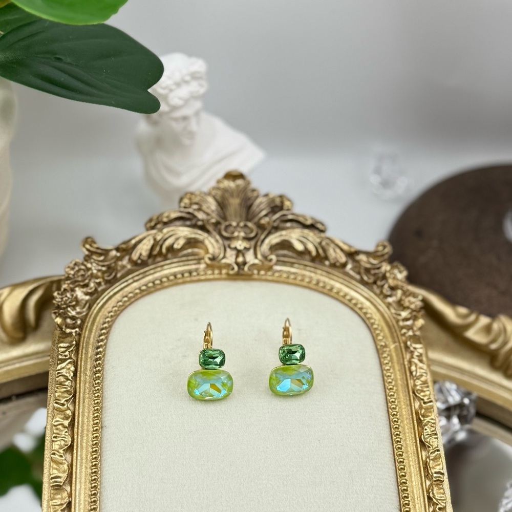 Green Crystal Drop Earrings – Stainless Steel, PVD Real Gold Plated - Picture 6 of 9